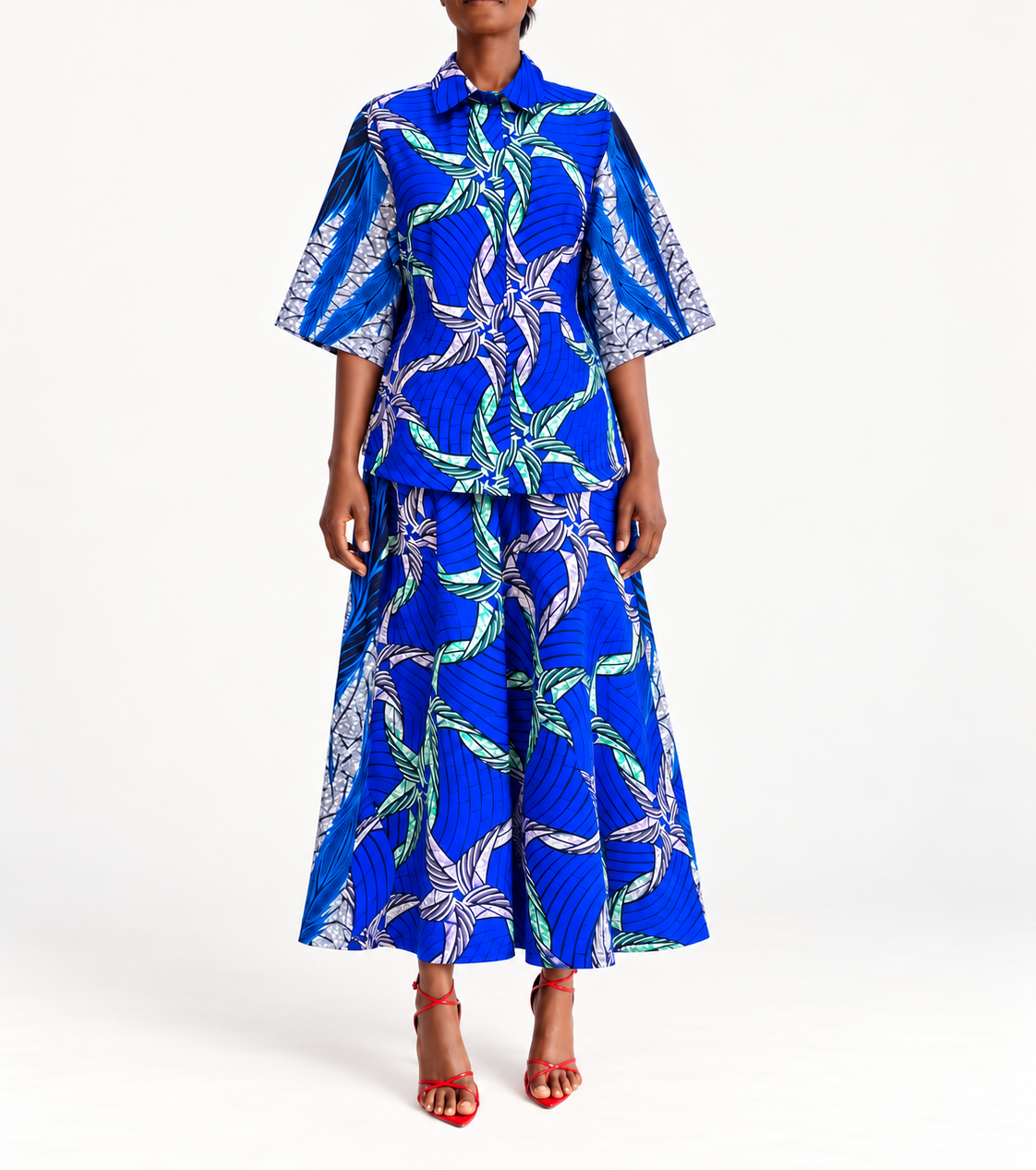 Tayo Dress in Blue Grid cotton Ankara, front view