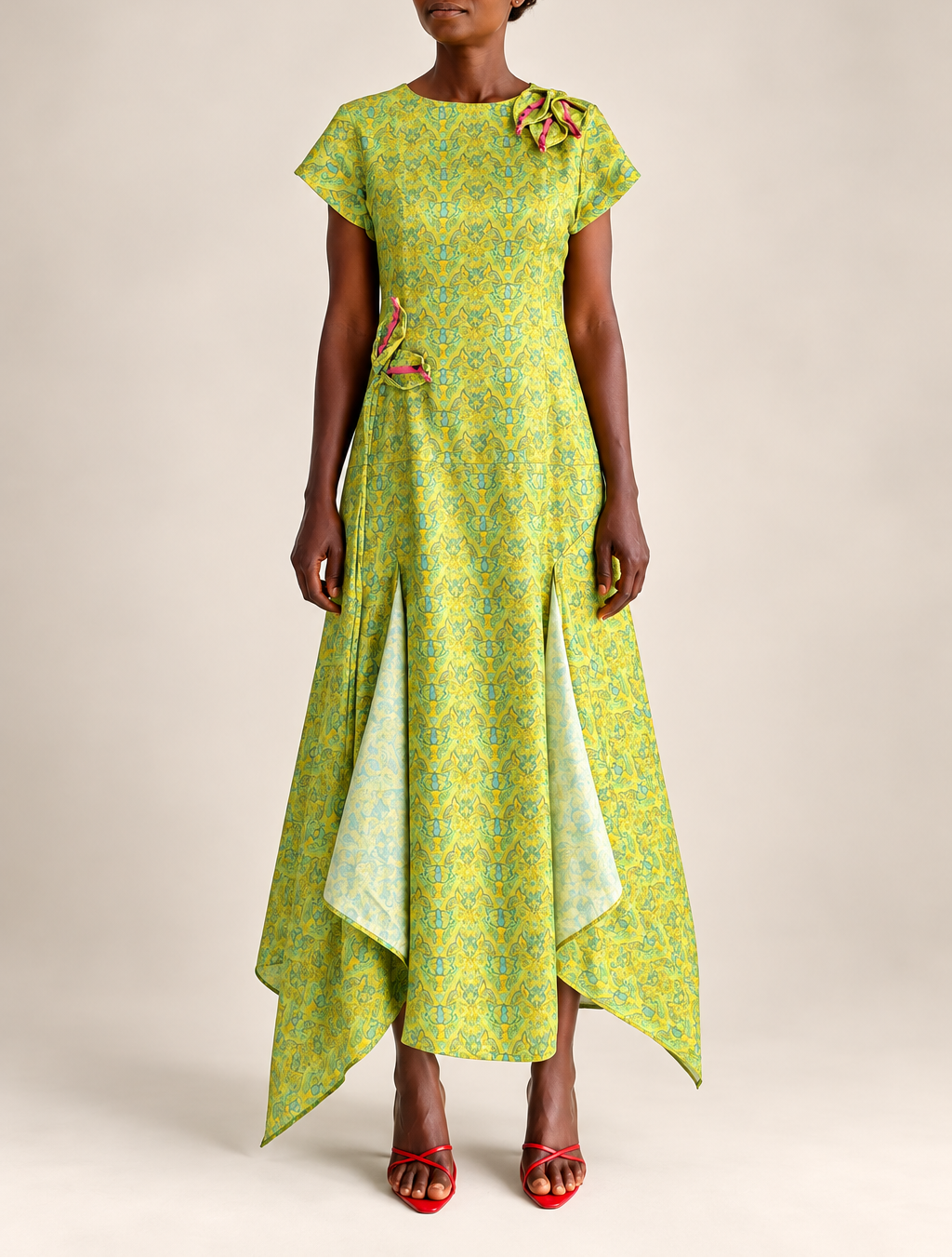 Simi Dress in Green Garden viscose print, front view