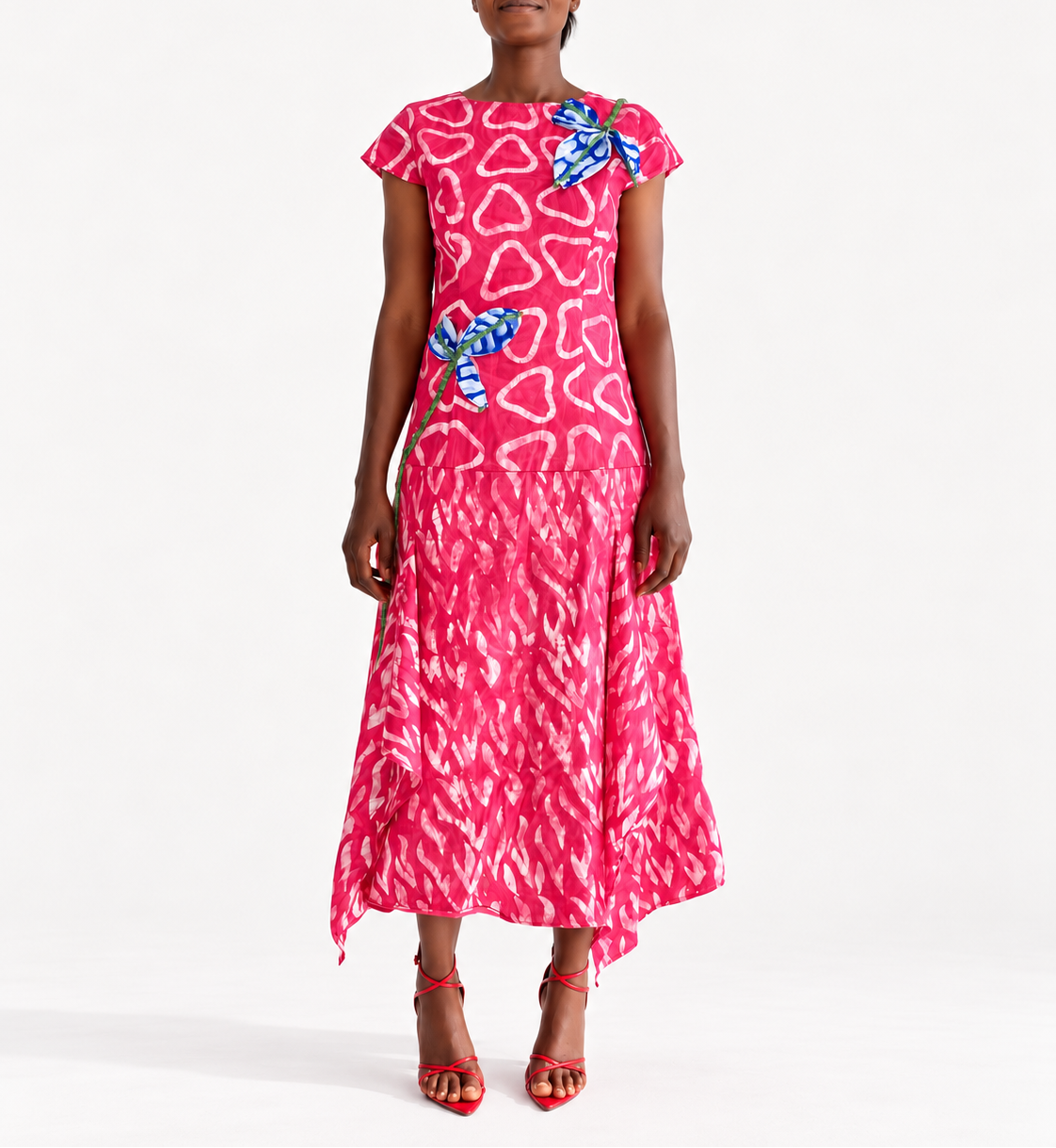 Simi Dress in Pink Hearts hand-dyed cotton adire, front view