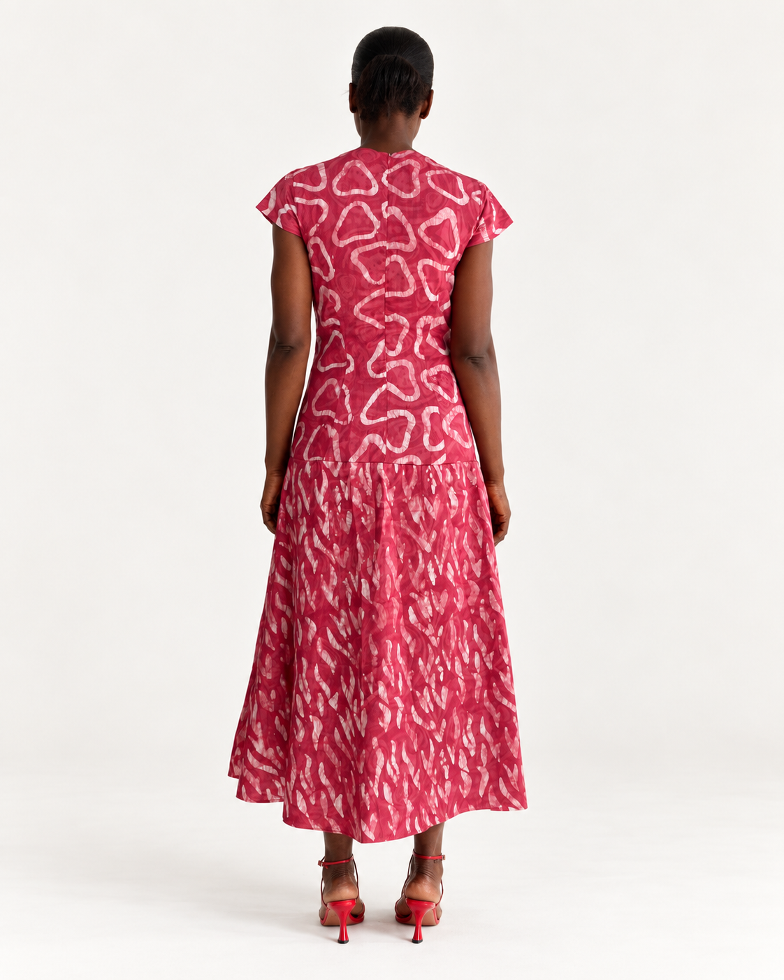 Simi Dress in Pink Hearts hand-dyed cotton adire, back view