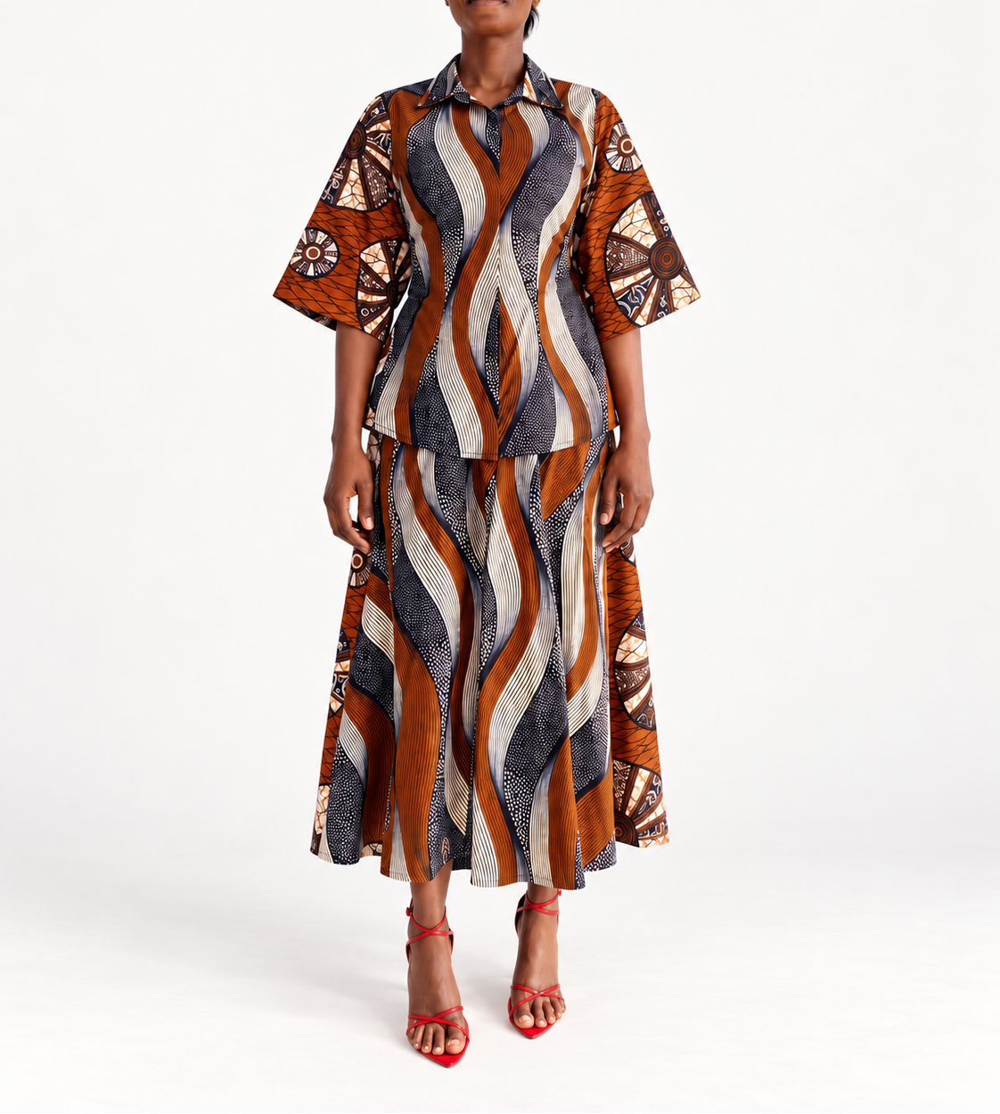 Tayo Dress in Drums cotton Ankara, front view