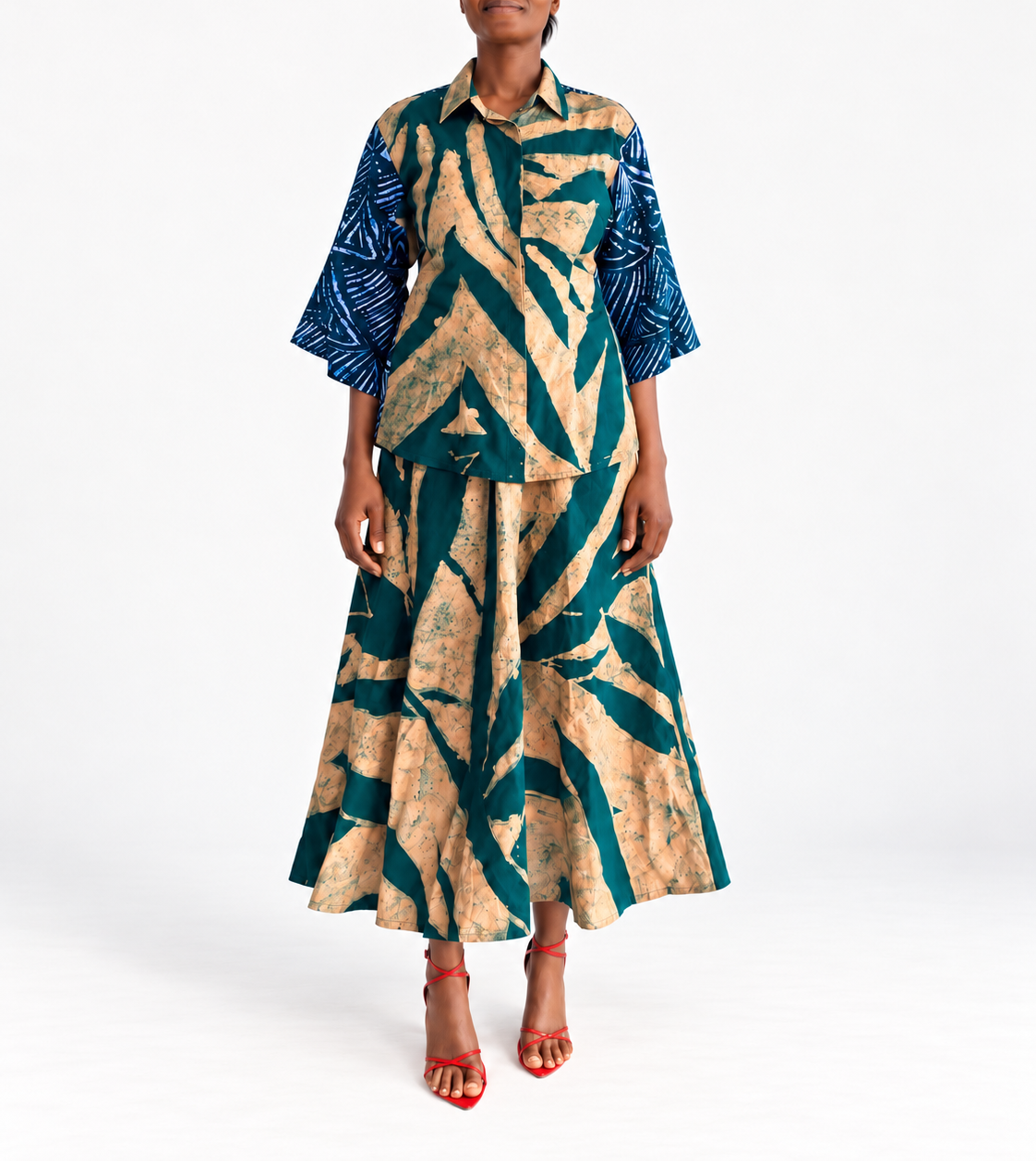 Tayo Dress in Green Leaves hand-dyed cotton adire, front view